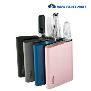 The CCell Palm battery hero shot which includes colors black, gray, blue, and pink.
