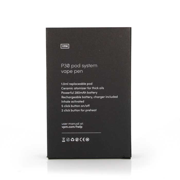 VPM P30 pod system vape back of packaging VPM P30 pod system vape back of packaging