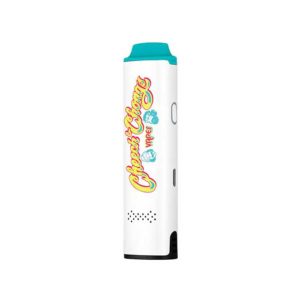 View of the front and side of the Cheech and Chong Mambo vaporizer. The base color is white with a yellow and blue Cheech & Chong logo overtop. The mouthpiece is a teal color.