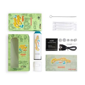 Image showing all the contents of the Cheech and Chong Mambo vaporizer package. Shown are: the user guide, the vaporizer, the mouthpiece, the screens, the opening tool, the charging cable, the cleaning brush, and the cleaning wipes.