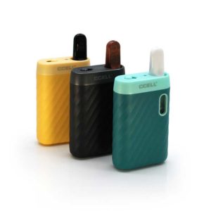 Three CCell Sandwave oil vape batteries on a white background. Green, black, and yellow vaporizers are represented.